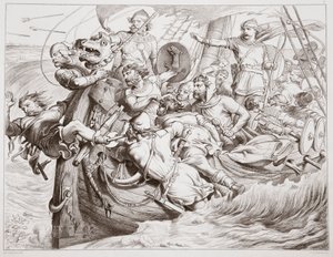 Comment Hereward fait échouer son navire sur le rivage des Flandres, illustration de Hereward the Great de Charles Kingsley, pub. 1870, gravé par C.G. Lewis